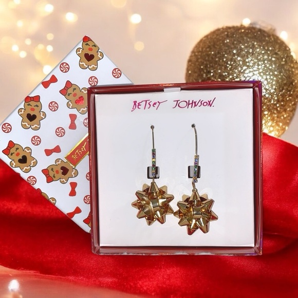 Betsey Johnson Jewelry - Betsey Johnson Gold Bow Earrings With Rainbow Colored Rhinestones NIB